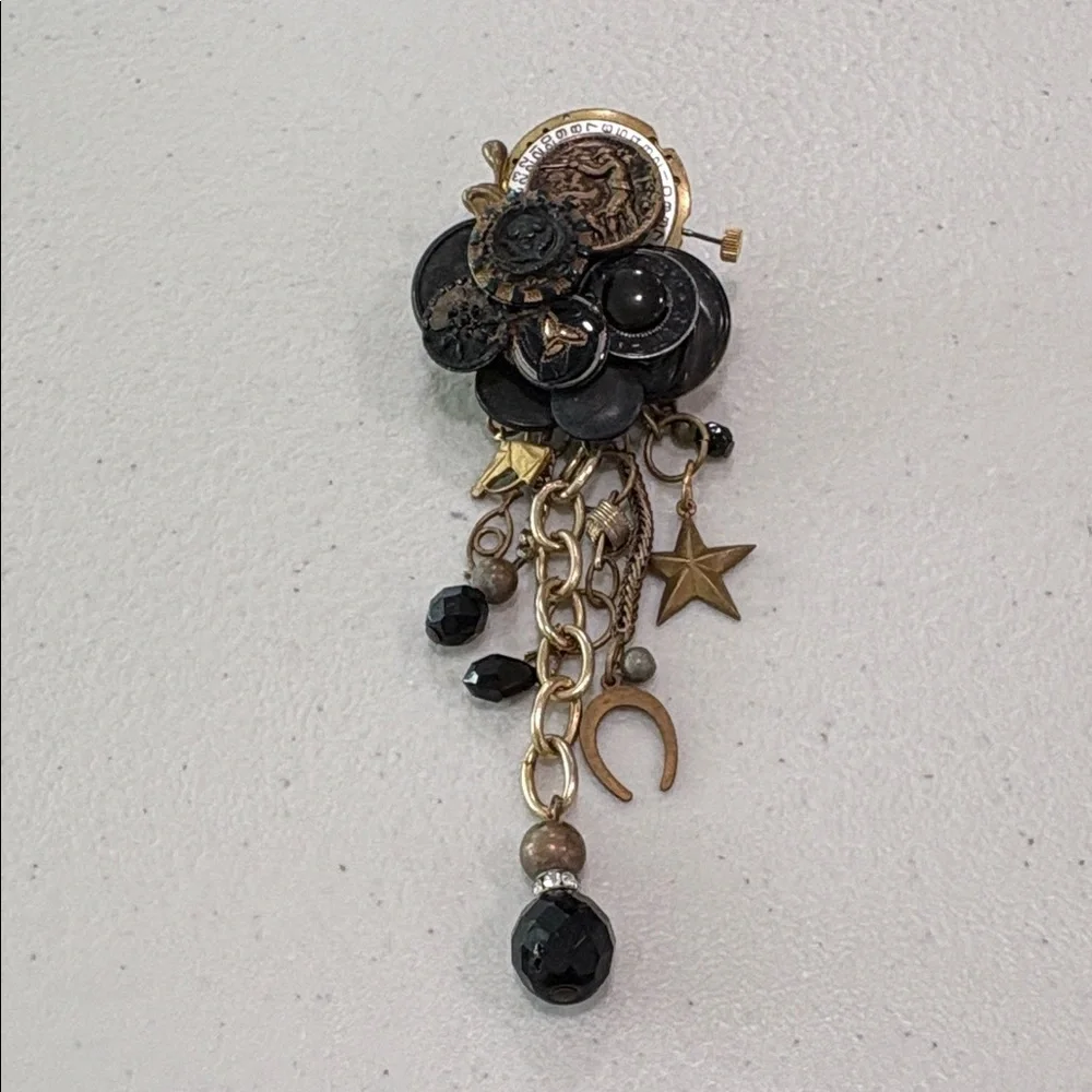 Vintage Glass & Metal Button Brooch with charms—BEAUTIFUL! Glass Beads—Artisan